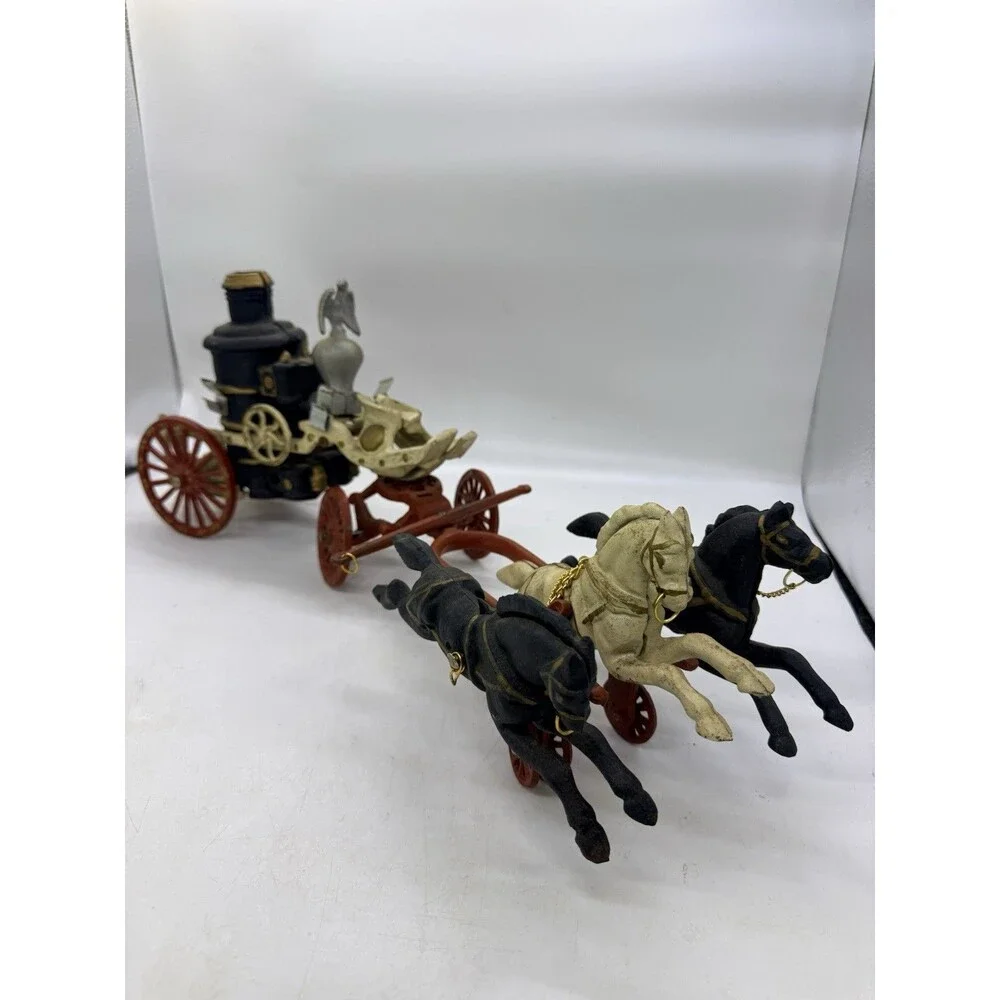 Vintage Cast Iron 3 Horse Drawn Fire Red Wagon Steam Pumper Toy